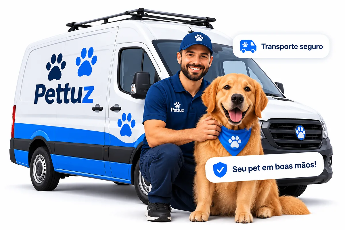 Motorista da Pettuz agachado ao lado de um golden retriever, em frente à van da Pettuz